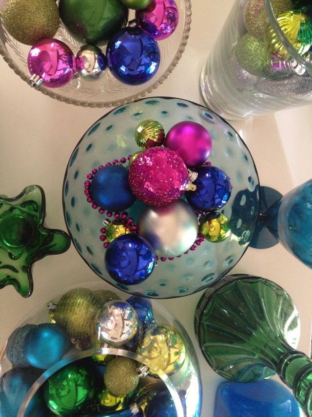Vintage 60's glassware and comportes with baubles in blye, green and pink