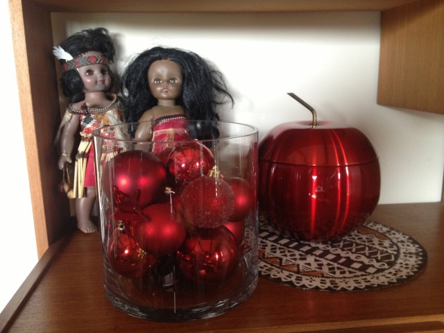 Red Baubles in Glass vase, Fifities Aluminium Apple Ice Bucket, Vintage Maori Dolls